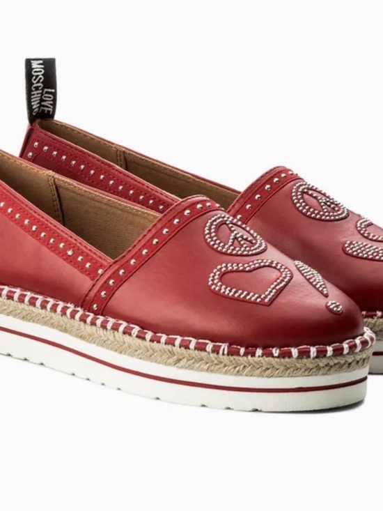 Love Moschino Shoes - Love Moschino Red Leather Studded Heart Espadrille Platform Slip-Ons